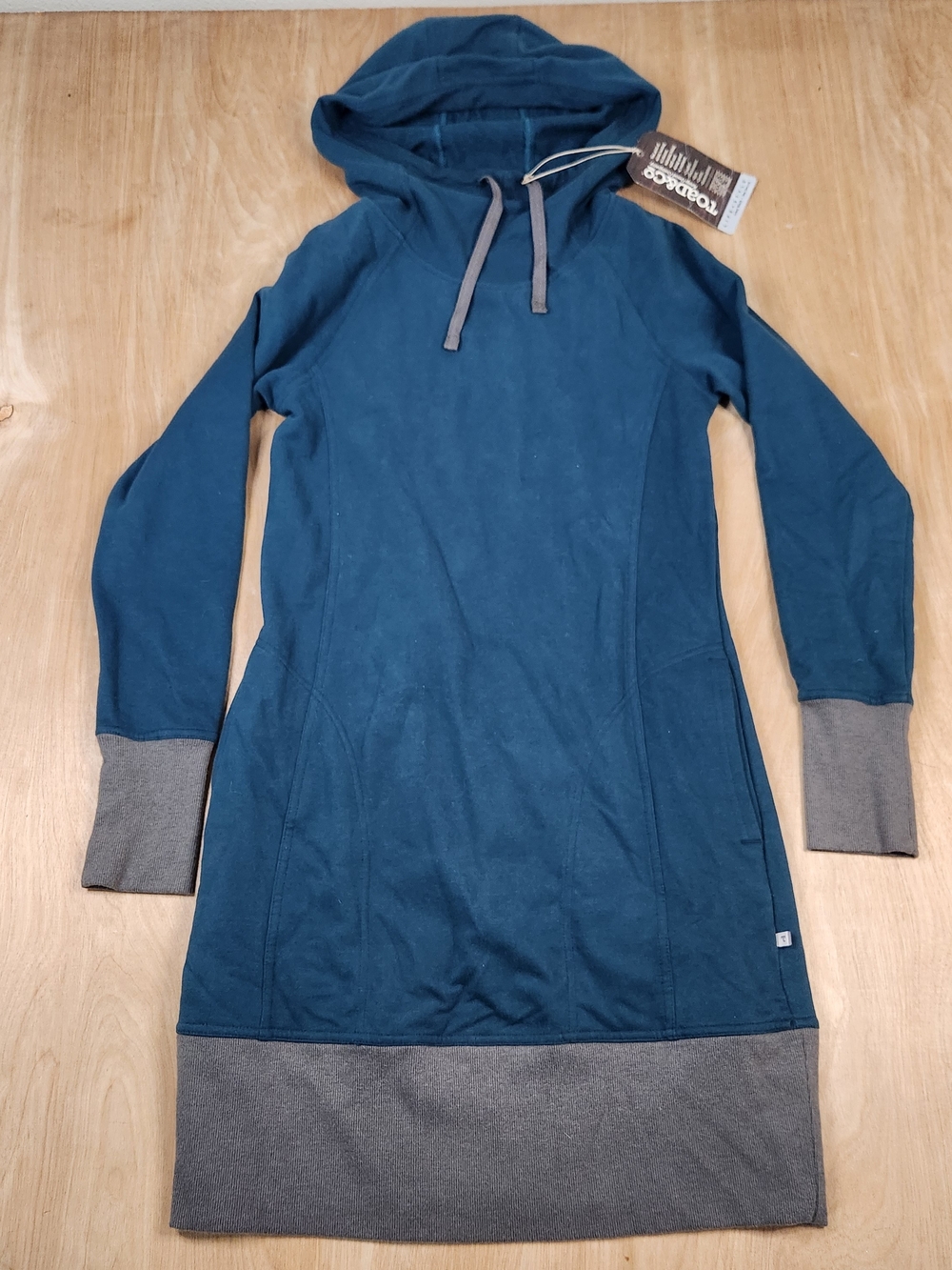 Toad&Co Womens Hooded Sweatshirt Dress in Teal with Contrast Gray Panels Size S